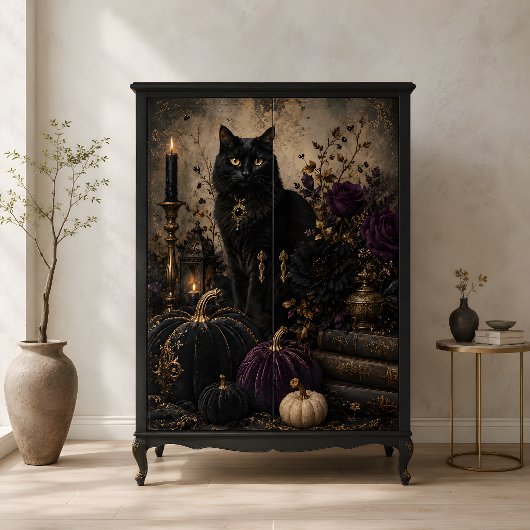 Zwarte Kat Gotische Pompoenen Paarse Rozen Hallowe Tissuepapier