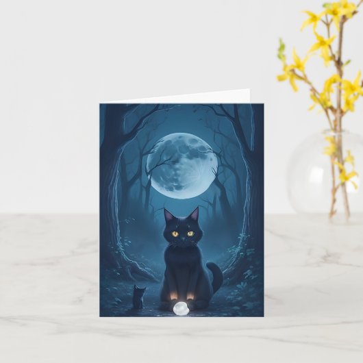 Zwarte Kat Griezelig Woud Glanzend Witte Kristal B Kaart (Gele Bloem)