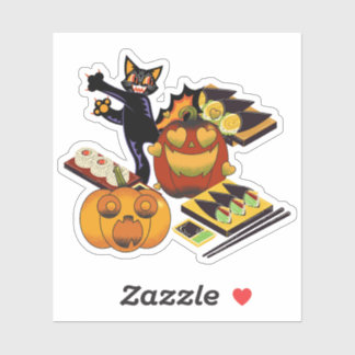 Zwarte Kat & Griezelige Hart-Oog Pompoen Sushi Sticker