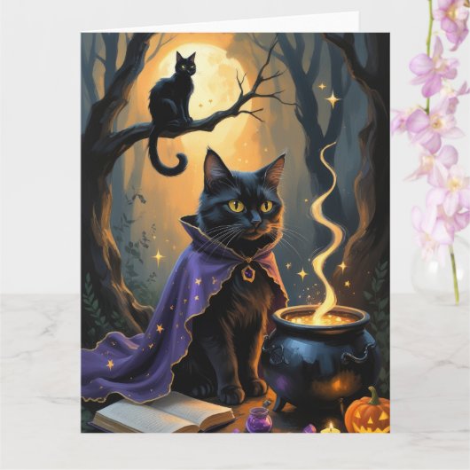 Zwarte kat grillig Halloween schilderij Kaart (Orchidee)