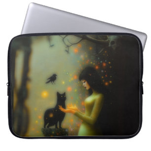 Zwarte Kat Groen Bos Occulte Dark Witchy AI Art Laptop Sleeve