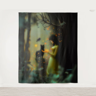 Zwarte Kat Groen Bos Occulte Dark Witchy AI Art Wandkleed