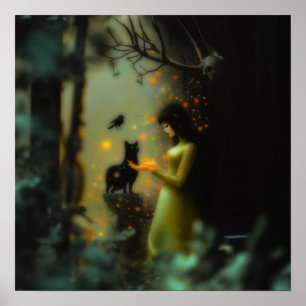 Zwarte Kat Groen Bos Witchy AI Art Matte Waarde Poster