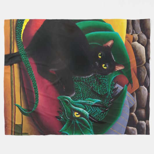 Zwarte kat groene draak fleece deken (Voorkant (Horizontaal))
