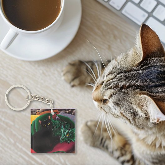 Zwarte kat groene draak sleutelhanger
