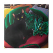 Zwarte kat groene draak tegeltje (Voorkant)