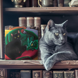Zwarte kat groene draak tegeltje