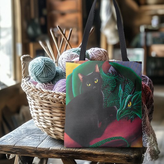 Zwarte kat groene draak tote bag