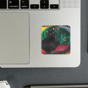 Zwarte kat groene draak vierkante sticker