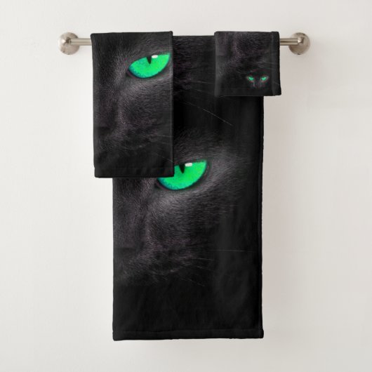 Zwarte Kat Groene Eyes Bathroom Towel set Bad Handdoek (Insitu)