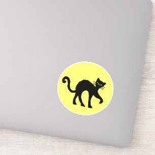 Zwarte Kat Groene ogen Gebogen Rug Gele Maan Sticker