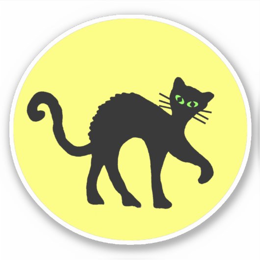 Zwarte Kat Groene ogen Gebogen Rug Gele Maan Sticker (Voorkant)