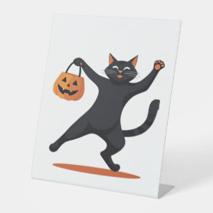 Zwarte kat groeven bij de Halloween bash, swingend Reclamebord Met Voetstuk