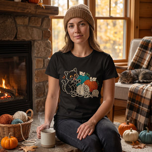 Zwarte Kat Haakpompoenen Mooie Halloween T-shirt