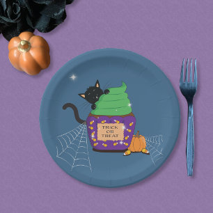 Zwarte Kat Halloween Blau Papieren Bord