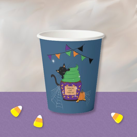 Zwarte kat Halloween Blauwe Papieren Beker