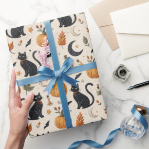 Zwarte kat Halloween cadeauverpakking met pompoen Cadeaupapier