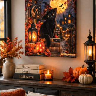 Zwarte kat Halloween canvas wandkunst Afdruk