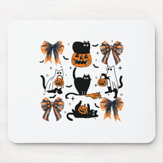 Zwarte kat Halloween Coquette Bow Halloween Pompoe Muismat (Voorkant)