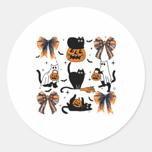 Zwarte kat Halloween Coquette Bow Halloween Pompoe Ronde Sticker (Voorkant)