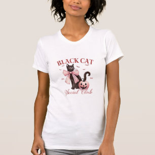 Zwarte kat Halloween Coquette Sociale Club Roze Bo T-shirt
