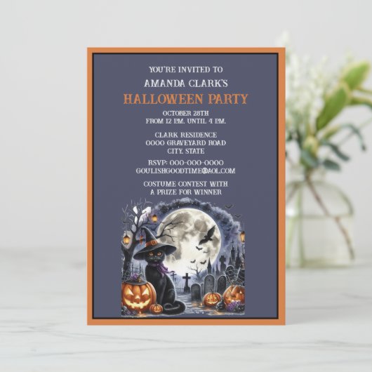 Zwarte Kat Halloween Feestje  Kaart (Staand voorkant)