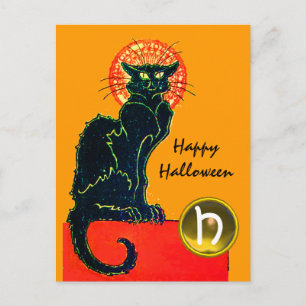 ZWARTE KAT HALLOWEEN FEESTJE MONOGRAM UITNODIGING BRIEFKAART
