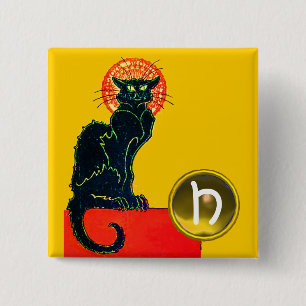 ZWARTE KAT HALLOWEEN FEESTJE MONOGRAM VIERKANTE BUTTON 5,1 CM