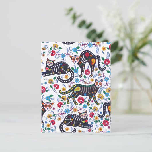  zwarte kat Halloween Gothic Floral Briefkaart (Staand voorkant)