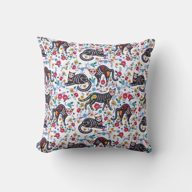  zwarte kat Halloween Gothic Floral Kussen (Voorkant)