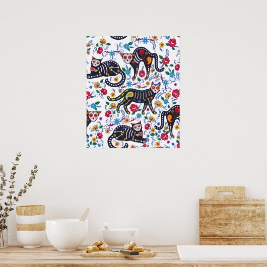  zwarte kat Halloween Gothic Floral Poster (Keuken)