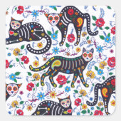 zwarte kat Halloween Gothic Floral Vierkante Sticker (Voorkant)