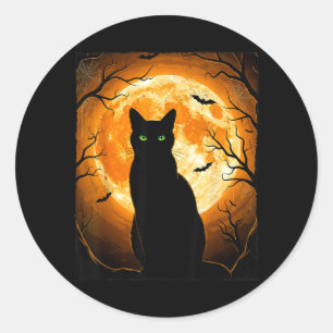Zwarte Kat Halloween Griezelige Maan Kattenliefheb Ronde Sticker