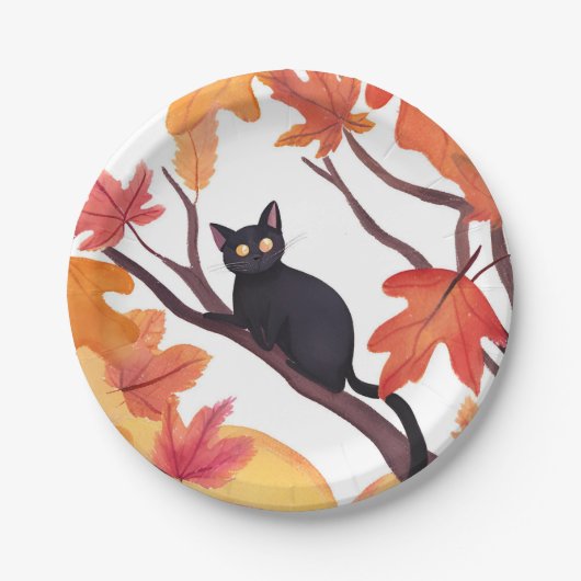 Zwarte kat Halloween Herfst Herfst Papieren Bordje (Voorkant)