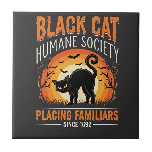 Zwarte Kat Halloween Humane Samenleving Vintage Gr Tegeltje (Voorkant)
