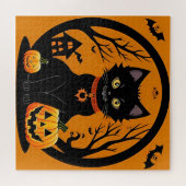 Zwarte Kat Halloween Jack O Lantern Scene Legpuzzel (Horizontaal)