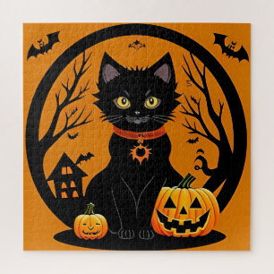 Zwarte Kat Halloween Jack O Lantern Scene Legpuzzel