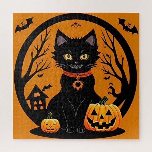 Zwarte Kat Halloween Jack O Lantern Scene Legpuzzel (Verticaal)