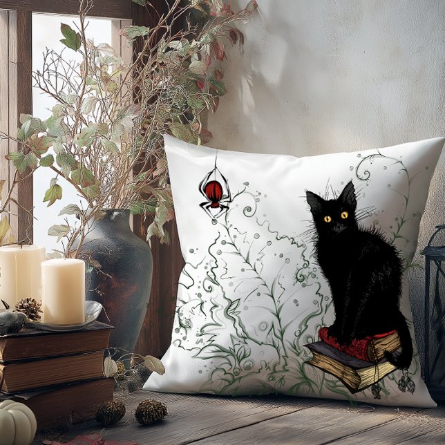 Zwarte kat Halloween met sfeer Kussen (Moody Black Cat Throw Pillow)