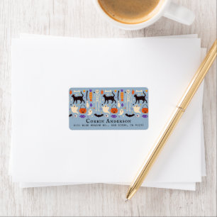 Zwarte kat Halloween Motieven Blauw Adres Etiket