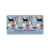 Zwarte kat Halloween Motieven Blauw Adres Etiket (Voorkant)