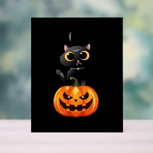 Zwarte Kat Halloween Ontwerp – Griezelige Pompoen  Acryl Bord (Neutraal)