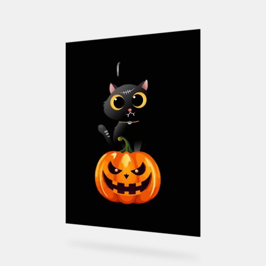 Zwarte Kat Halloween Ontwerp – Griezelige Pompoen  Acryl Bord (Hoek)