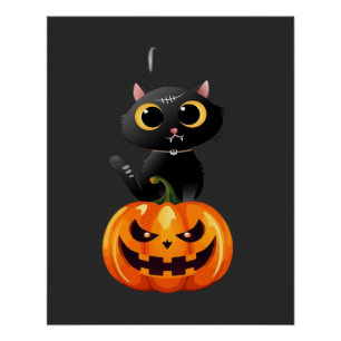 Zwarte Kat Halloween Ontwerp � Griezelige Pompoen  Perfect Poster
