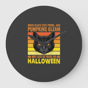 Zwarte Kat Halloween Oude Pompoen Grafiek Grote Klok