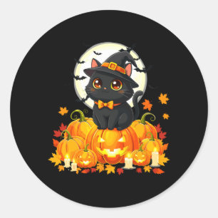 Zwarte Kat Halloween Pompoen Kat Uitvoering Ronde Sticker