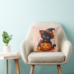 Zwarte Kat Halloween Pompoen Kussen