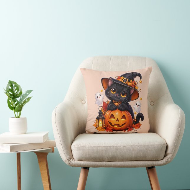  Zwarte Kat Halloween Pompoen Kussen (Stoel)