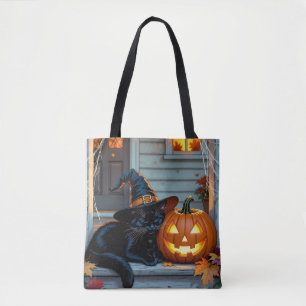 Zwarte Kat Halloween Pompoen Snij Feest Tote Bag