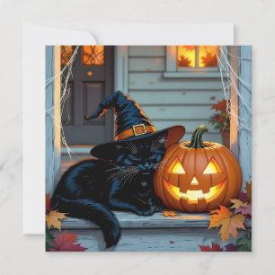 Zwarte Kat Halloween Pompoen Snij Feestje Kaart